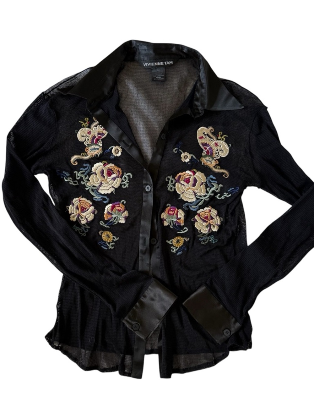 Vivienne Tam Black Long Sleeve Button Down Top with floral embroidery